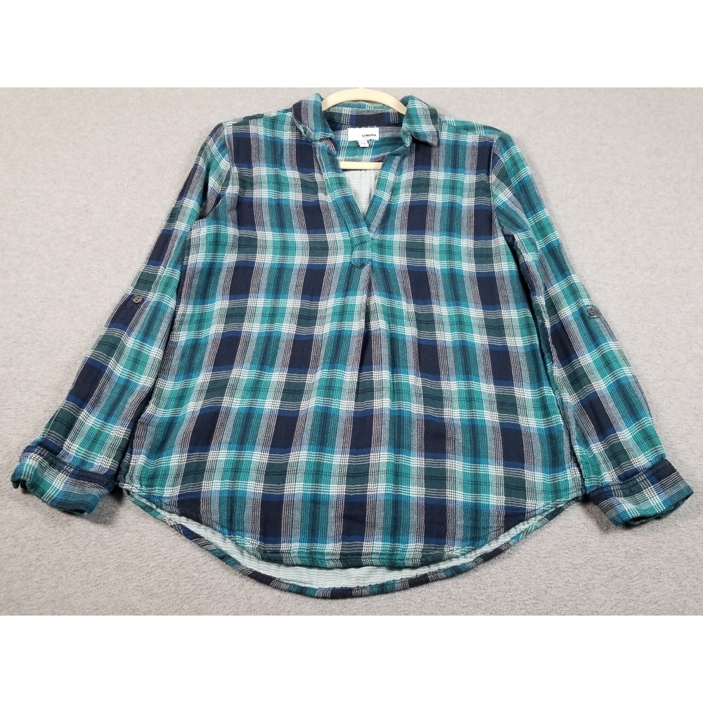 Sonoma Flannel Shirt Womens S Small Blue Green Plaid Roll Tab Sleeve Top Winter